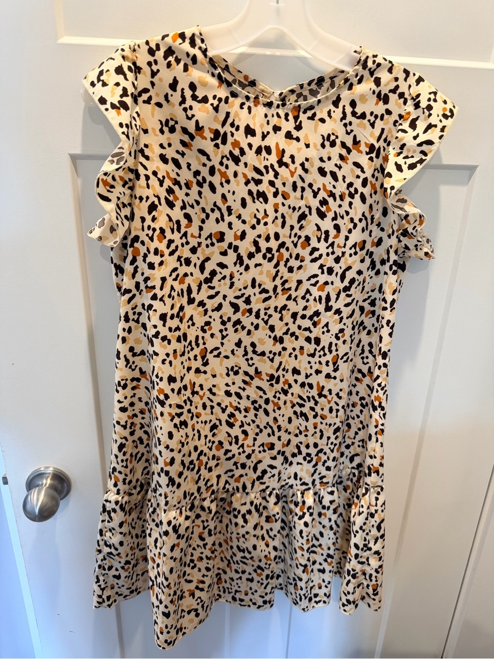 Leopard Print Ruffle Sleeve Shift Dress Cream Brown Medium
